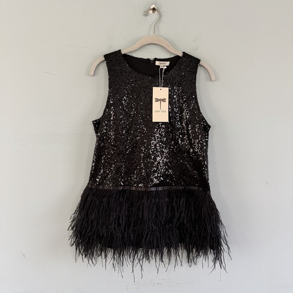 NWT Tyler Boe Bella Sequin Ostrich Feather Trim Black Tank Top - Picture 3 of 6